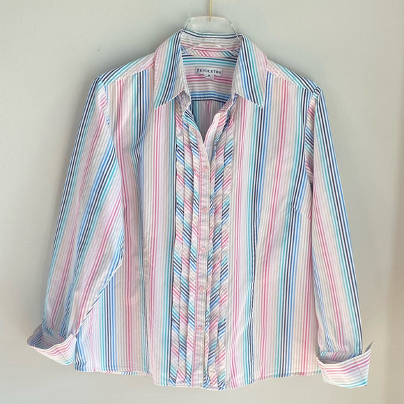 Pendleton Multicolor Striped Long Sleeve Blouse Size 16 Ruffle Trim Candy Pastel - Picture 9 of 9
